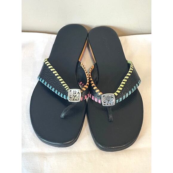 BRIGHTON Sandals WOMENS 8.5M Cheryl Flip Flop Thong Colorful Whipstitch Black - Picture 1 of 9